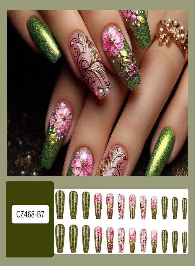 CJDLTS Flower False Nail Green French Tip Press on Nails Long Length Pink Floral Pearl Design Full Cover Gradient Artificial Stick on Nails Ballet Shaped Manicure Acrylic Glue on Nail for Women 24Pcs - Image 2